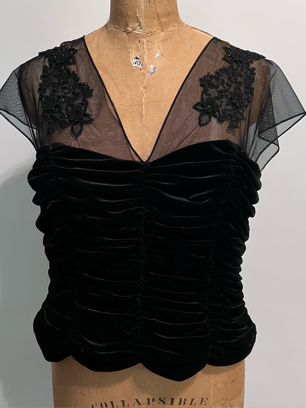 Black Velvet Mesh-Shoulder Ruched Top